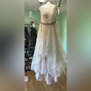 David’s Bridal Collection blush ball gown with glitter floral lace